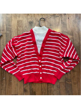 Vintage 70s red and white striped cardigan with white attached white mock neck s
